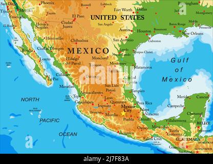 Mappa fisica molto dettagliata del Messico, in formato vettoriale, con tutte le forme di rilievo, regioni e grandi città. Illustrazione Vettoriale