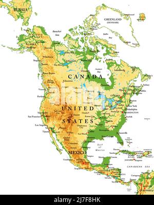 Mappa fisica molto dettagliata del Nord America, in formato vettoriale, con tutte le forme di rilievo, paesi e grandi città. Illustrazione Vettoriale