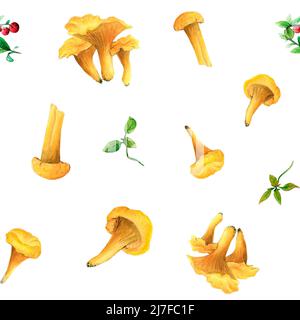 Acquerello senza cuciture con funghi arancioni su sfondo bianco Foto Stock