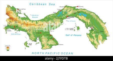 Mappa fisica molto dettagliata del Panama, in formato vettoriale, con tutte le forme di rilievo, regioni e grandi città. Illustrazione Vettoriale