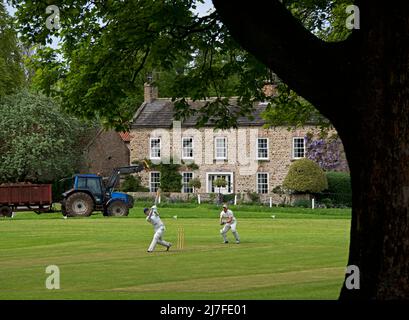 Partita di cricket in corso nel villaggio di Crakehall, North Yorkshire, Inghilterra Regno Unito Foto Stock