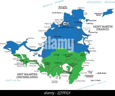 Mappa molto dettagliata dell'isola caraibica di Saint Martin con le principali città e le strade mappa Illustrazione Vettoriale