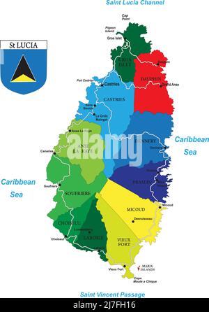 Mappa vettoriale molto dettagliata dell'isola caraibica di Santa Lucia con le principali città, regioni e strade. Illustrazione Vettoriale