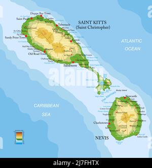Mappa fisica molto dettagliata delle isole di Saint Kitts e Nevis, in formato vettoriale, con tutte le forme di rilievo, regioni e grandi città. Illustrazione Vettoriale
