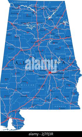 Mappa dettagliata dello stato dell'Alabama, in formato vettoriale, con confini della contea, strade e città principali. Illustrazione Vettoriale