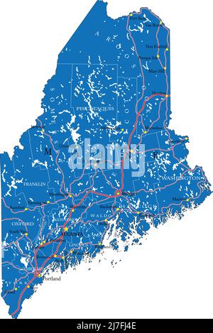 Mappa dettagliata dello stato del Maine, in formato vettoriale, con confini della contea, strade e città principali. Illustrazione Vettoriale