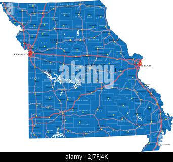 Mappa dettagliata dello stato del Missouri, in formato vettoriale, con confini della contea, strade e città principali. Illustrazione Vettoriale