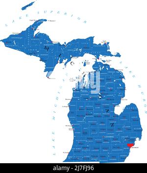 Mappa dettagliata dello stato del Michigan, in formato vettoriale, con i confini della contea e le principali città. Illustrazione Vettoriale