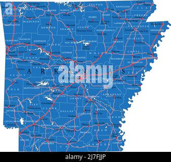 Mappa dettagliata dello stato dell'Arkansas, in formato vettoriale, con confini della contea, strade e città principali. Illustrazione Vettoriale