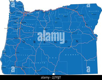 Mappa dettagliata dello stato dell'Oregon, in formato vettoriale, con confini della contea, strade e città principali. Illustrazione Vettoriale