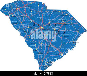 Mappa dettagliata dello stato del South Carolina, in formato vettoriale, con confini della contea, strade e città principali. Illustrazione Vettoriale