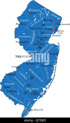 Mappa dettagliata dello stato del New Jersey, in formato vettoriale, con i confini della contea e le principali città. Illustrazione Vettoriale