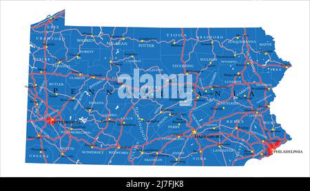 Mappa dettagliata dello stato della Pennsylvania, in formato vettoriale, con confini della contea, strade e città principali. Illustrazione Vettoriale