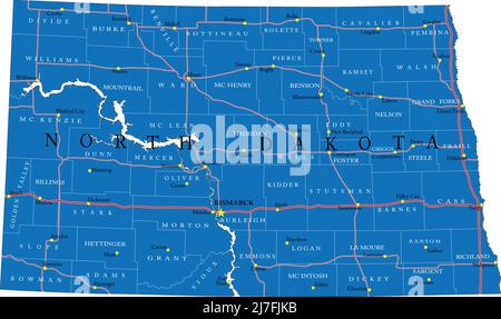 Mappa dettagliata dello stato del North Dakota, in formato vettoriale, con confini della contea, strade e città principali. Illustrazione Vettoriale