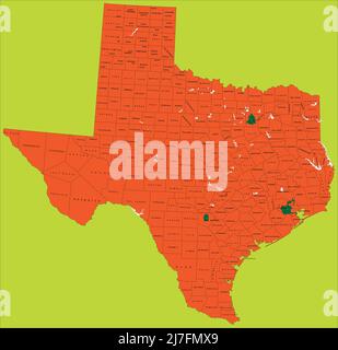 Mappa politica del Texas, illustrazione con ogni contea selezionabile in modo indipendente Illustrazione Vettoriale