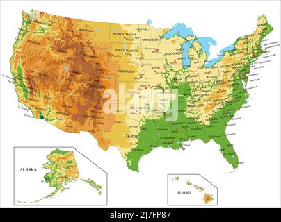 Mappa fisica molto dettagliata degli Stati Uniti d'America, in formato vettoriale, con tutte le forme di rilievo, stati e grandi città. Illustrazione Vettoriale