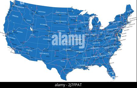 Mappa vettoriale molto dettagliata degli Stati Uniti con regioni amministrative, principali città e strade. Illustrazione Vettoriale