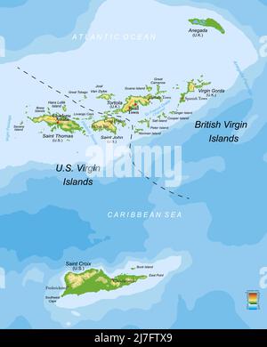 Mappa fisica molto dettagliata delle Isole Vergini statunitensi e britanniche, in formato vettoriale, con tutte le forme di rilievo, le regioni e le grandi città. Illustrazione Vettoriale