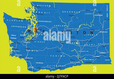 Mappa vettoriale molto dettagliata dello stato di Washington con contee, città principali e strade. Illustrazione Vettoriale