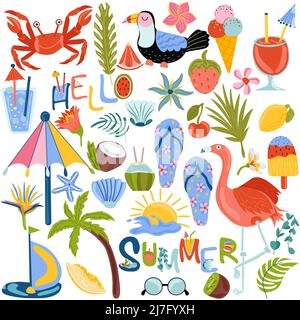 Set di elementi estivi di foglie tropicali, palme, frutti esotici, fenicotteri, cocktail, toucan e altri. Ciao scritta estate. Il è perfetto per cartoline, scrapbooking, feste in spiaggia. Illustrazione Vettoriale