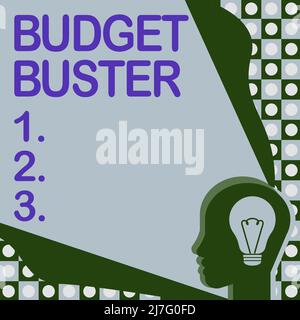 Visualizzazione concettuale Budget Buster. Concetto che significa Carefree spendere occasioni inutili acquisti overspending testa con lampadina illuminata con Foto Stock