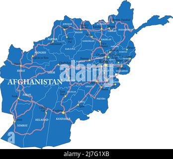 Mappa vettoriale altamente dettagliata dell'Afghanistan con regioni, città e strade principali. Illustrazione Vettoriale