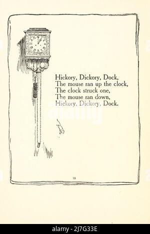 Hickory, Dickory, Dock, il mouse ha fatto funzionare l'orologio, l'orologio ha colpito uno, il mouse ha funzionato clown, Hickory, Dickory, Dock da ' Madre Goose le vecchie filastrocche nido ' illustrato da Arthur Rackham, pubblicato nel 1913 Foto Stock