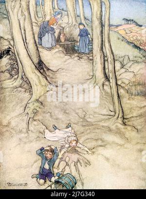 Jack e Jill salirono sulla collina, per prendere un secchio d'acqua; Jack cadde e gli spezzò la corona, e Jill venne a cadere dopo da 'Madre Goose le vecchie rime nursery' illustrate da Arthur Rackham, pubblicato nel 1913 Foto Stock