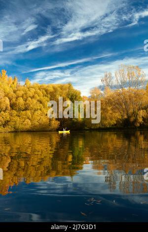 Kayak e riflessi autunnali a Wairepo Arm, nei pressi di Twizel, Mackenzie District, North Otago, South Island, Nuova Zelanda (modello rilasciato) Foto Stock