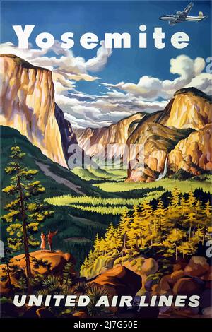 Poster di viaggio vintage 1950s per Yosemite National Park, California, USA con United Airlines Foto Stock