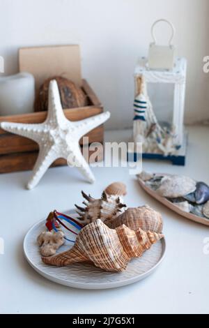 Candelabro bianco e blu sotto forma di torcia. Nelle vicinanze si trova un piatto con conchiglie e una scatola di legno con cocco e stelle marine bianche. Foto Stock