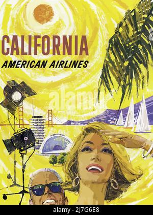 Poster di viaggio Vintage 1960s AMERICAN AIRLINES, CALIFORNIA, poster di viaggio di circa 1960 per American Airlines, Golden Gate Bridge, Hollywood e barche a vela Foto Stock