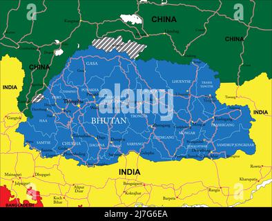 Mappa vettoriale molto dettagliata del Bhutan con regioni amministrative, principali città e strade. Illustrazione Vettoriale