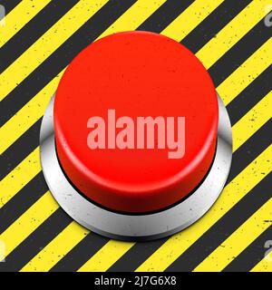 Pulsante di avviso rosso su uno sfondo a strisce nere e gialle. Pulsante importante, illustrazione del vettore. Illustrazione Vettoriale