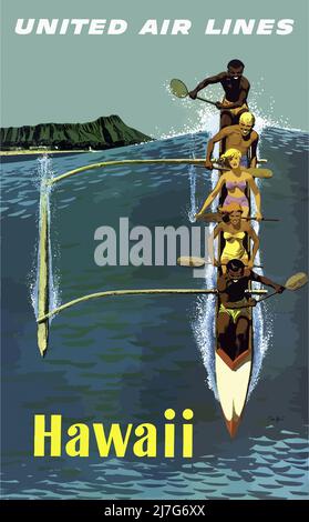 Poster di viaggio Vintage 1960s - Hawaii - poster che mostra le persone che si paddling una canoa Outrigger. Sullo sfondo, Diamond Head e Waikiki Beach Foto Stock