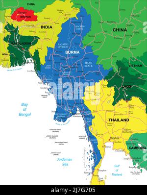 Myanmar (Birmania) Mappa vettoriale molto dettagliata con regioni amministrative, principali città e strade. Illustrazione Vettoriale