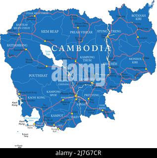 Mappa vettoriale molto dettagliata della Cambogia con regioni amministrative, città principali e strade. Illustrazione Vettoriale