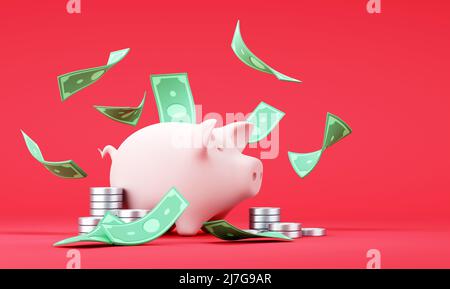 Rosa Piggy banca con cadendo bollette e monete in dollari su sfondo blu Foto Stock