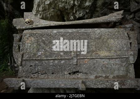 Scultura decorativa su sarcofago in legno nel tradizionale luogo di sepoltura nel villaggio di Kete Kesu, Toraja Nord, Sulawesi Sud, Indonesia. Foto Stock