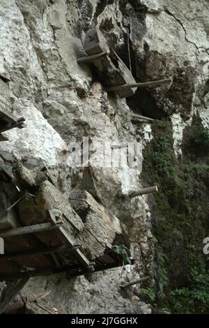 Sarcofago sospeso in un tradizionale luogo di sepoltura nel villaggio di Kete Kesu, Toraja Nord, Sulawesi Sud, Indonesia. Foto Stock