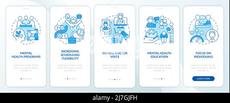 Tendenze della salute mentale sul lavoro schermata blu dell'app mobile onboarding Illustrazione Vettoriale