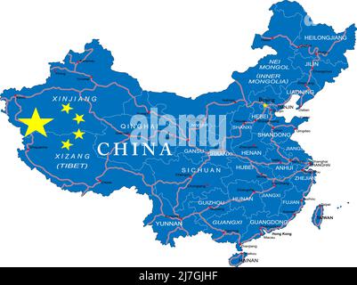 Cina mappa molto dettagliata con tutte le regioni, le strade e le città principali Illustrazione Vettoriale