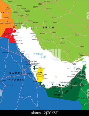 Mappa vettoriale della regione del Golfo Persico con regioni amministrative, città principali e strade. Illustrazione Vettoriale