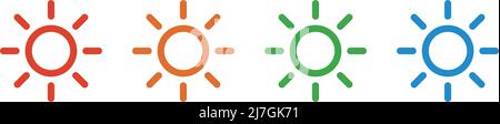 Una serie di icone colorate del sole. Controllo della luminosità. Vettore modificabile. Illustrazione Vettoriale