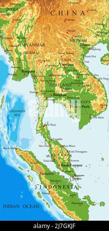 Mappa fisica molto dettagliata di Indochina, in formato vettoriale, con tutte le forme di rilievo, paesi e grandi città. Illustrazione Vettoriale