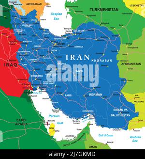 Mappa vettoriale molto dettagliata dell'Iran con regioni amministrative, principali città e strade. Illustrazione Vettoriale