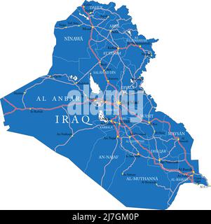 Mappa vettoriale molto dettagliata dell'Iraq con regioni amministrative, principali città e strade. Illustrazione Vettoriale