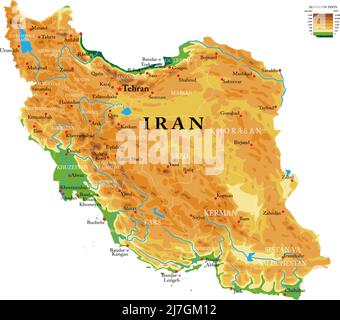 Mappa fisica molto dettagliata dell'Iran, in formato vettoriale, con tutte le forme di rilievo, regioni e grandi città. Illustrazione Vettoriale