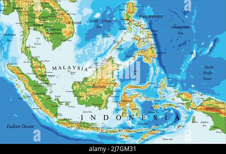 Mappa fisica molto dettagliata dell'Indonesia , in formato vettoriale, con tutte le forme di rilievo, paesi e grandi città Illustrazione Vettoriale