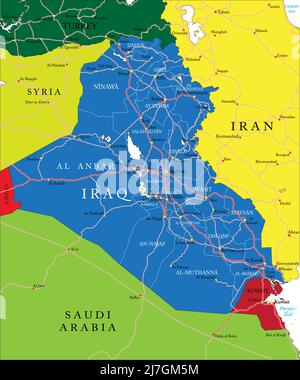 Iraq Mappa vettoriale molto dettagliata con regioni amministrative, principali città e strade. Illustrazione Vettoriale